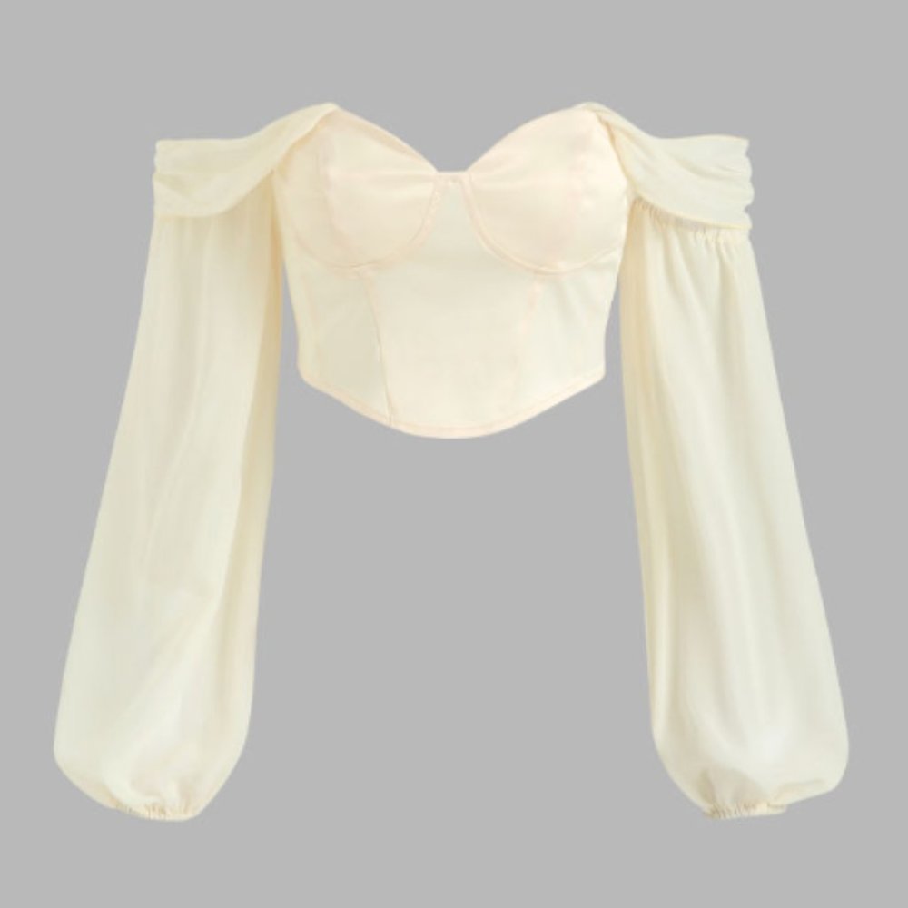 Cider Solid Off Shoulder Corset Blouse Crop Top Cottagecore Flowy Sleeves SIZE L